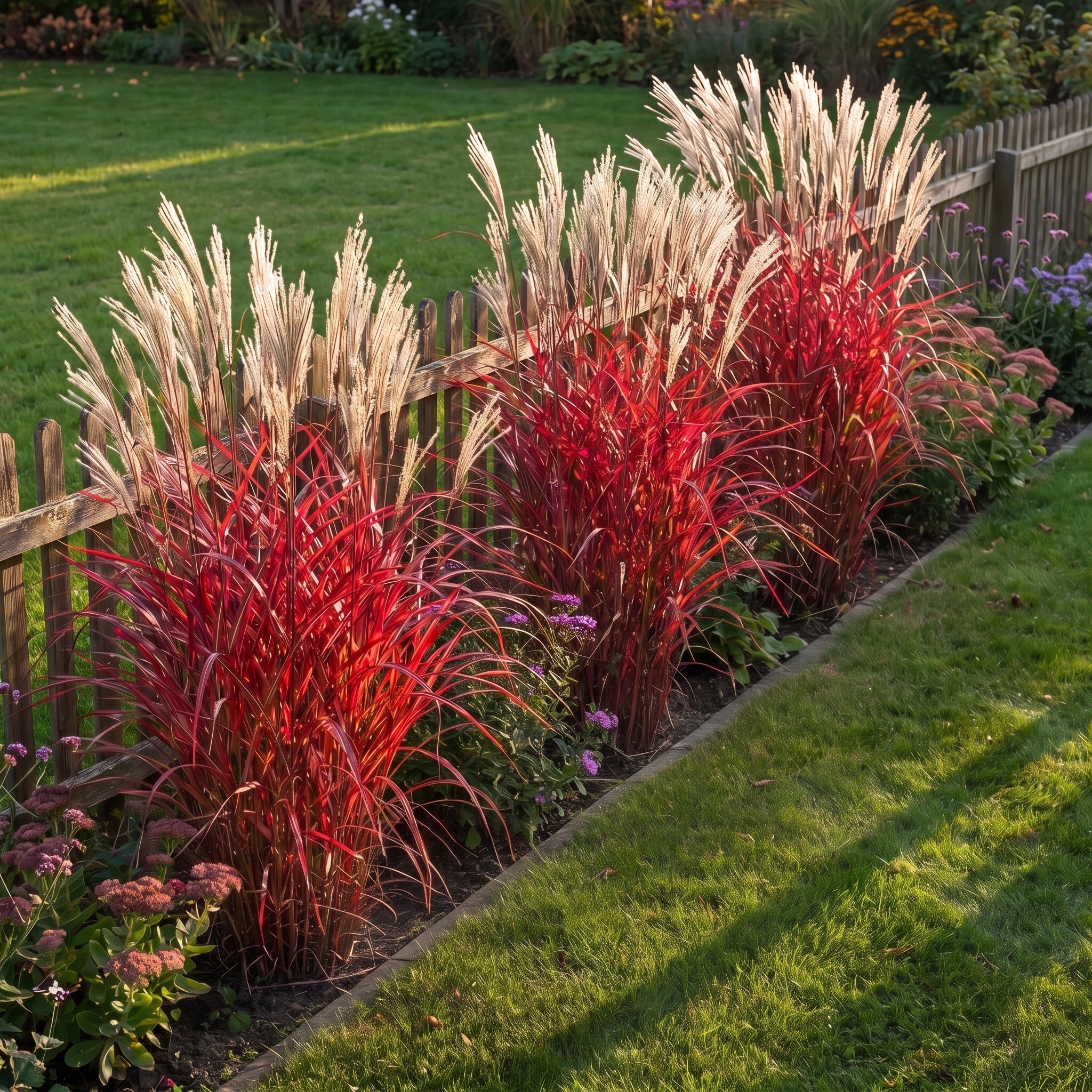 Miscanthus sinensis 'Lady in Red' als Reihe an der Beetkante vor einem Staketenzaun, rotes Laub über der Rasenkante