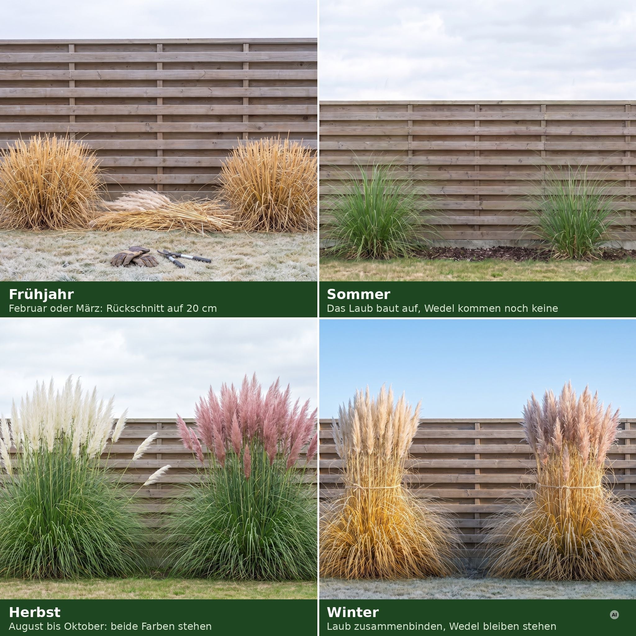 Das Gartenjahr in vier Bildern: R&uuml;ckschnitt im Fr&uuml;hjahr, Laub im Sommer, beide Farben im Herbst, Raureif im Winter