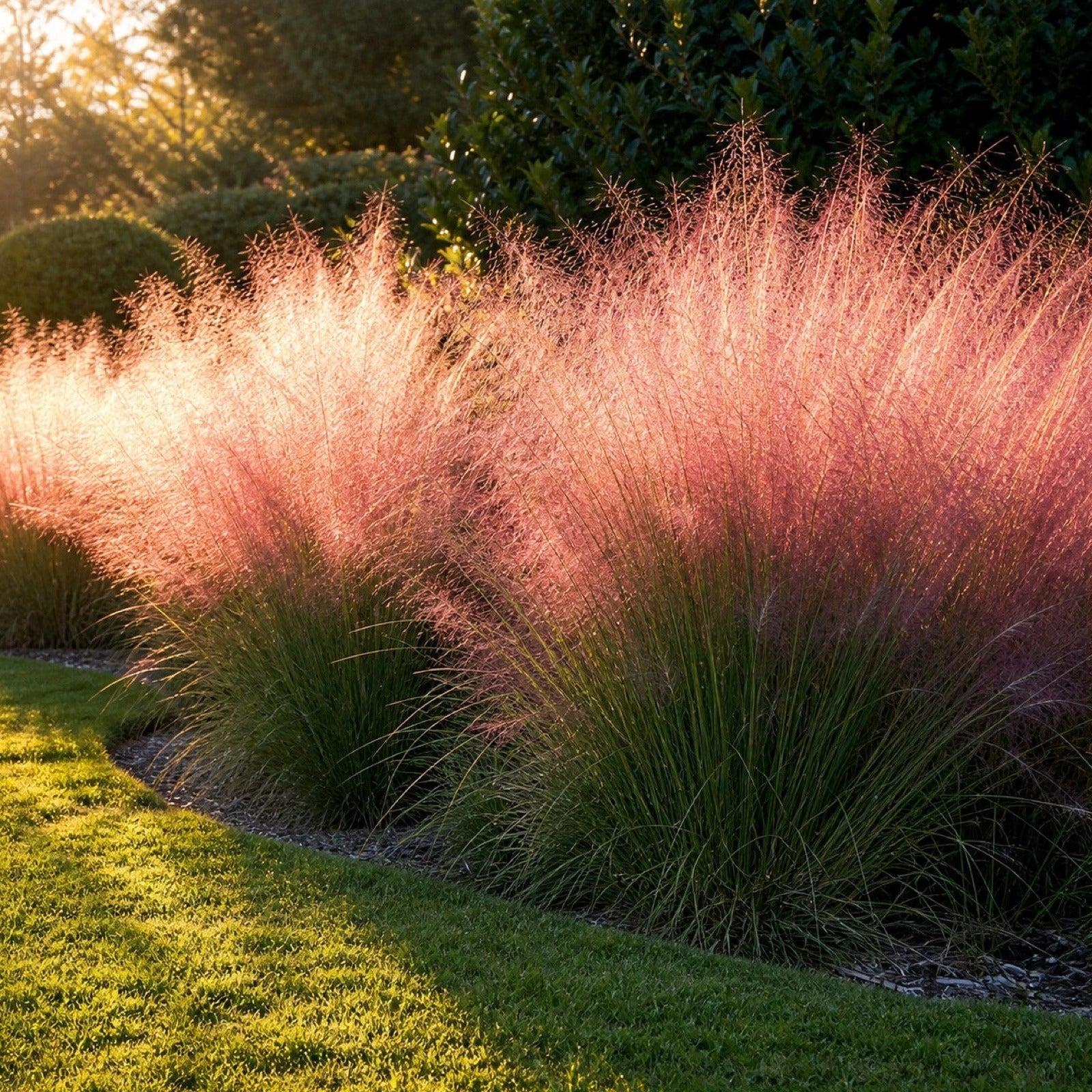 Rosa Haargras Muhlenbergia capillaris mit gluehender rosa Bluetenwolke im Gegenlicht am Rasenrand