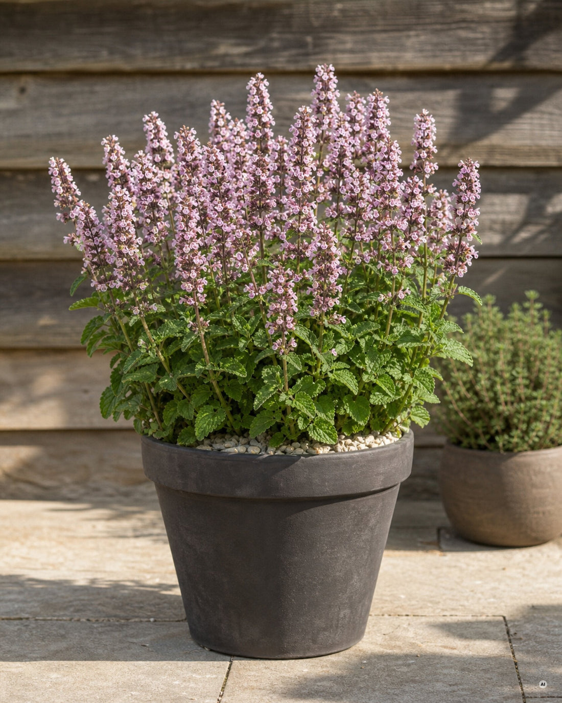Nepeta sibirica ‚Serene Wild Orchid' Sibirische Katzenminze als Kübelbepflanzung auf der sonnigen Terrasse, von Stauden Gänge.