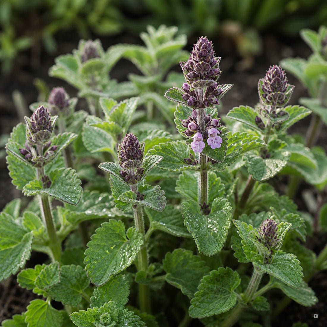 Laub und Knospenaustrieb der Nepeta sibirica ‚Serene Wild Orchid' Sibirischen Katzenminze im späten Frühjahr, von Stauden Gänge.