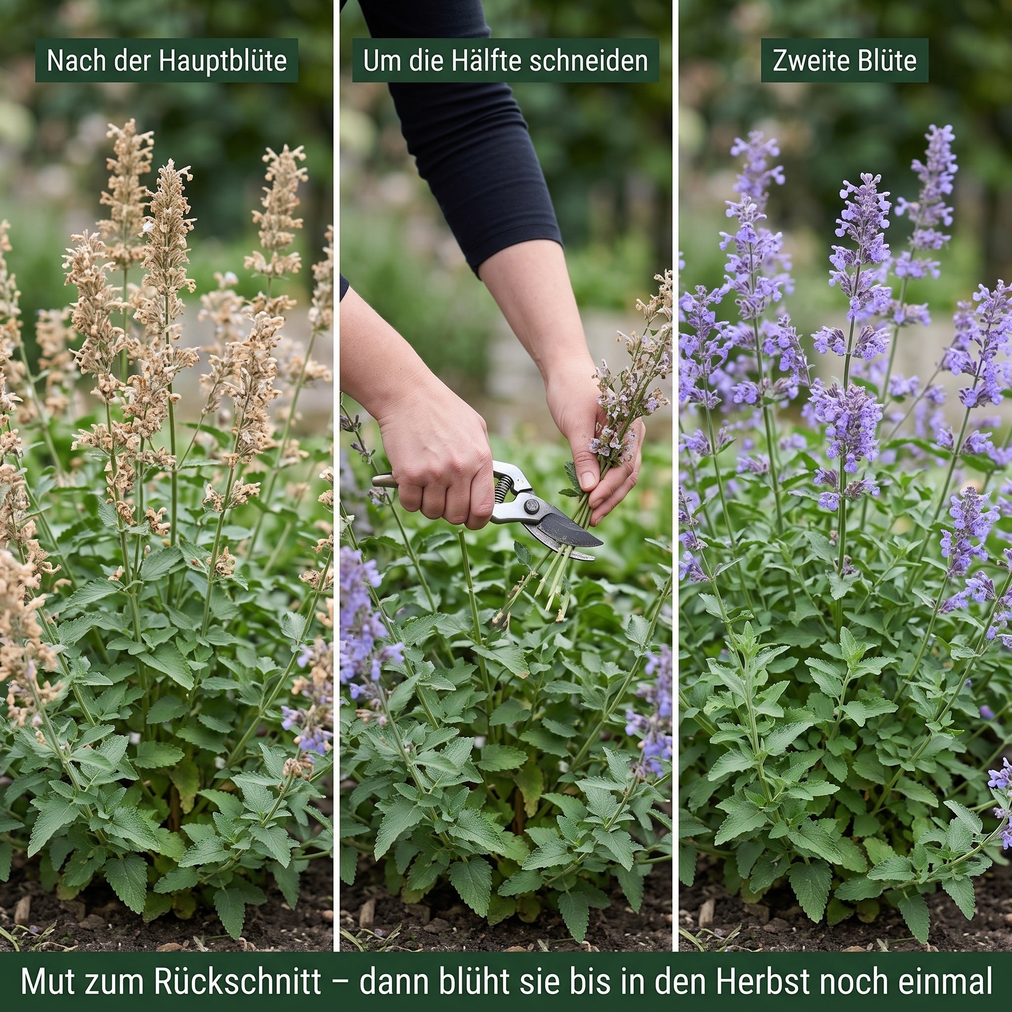 Rückschnitt in drei Schritten: nach der Hauptblüte, um die Hälfte schneiden, zweite Blüte