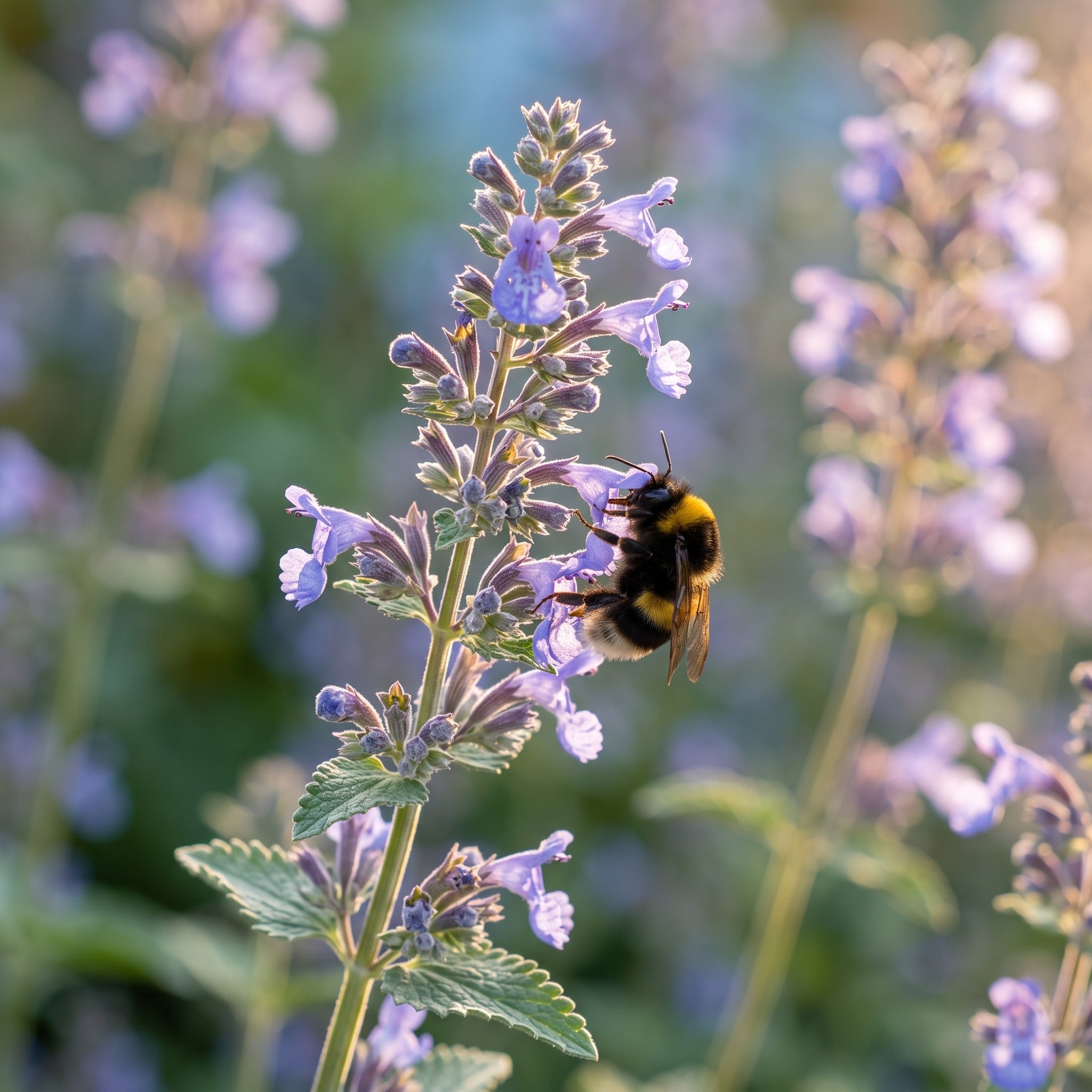 Hummel an den lavendelblauen Blüten der Katzenminze 'Six Hills Giant'
