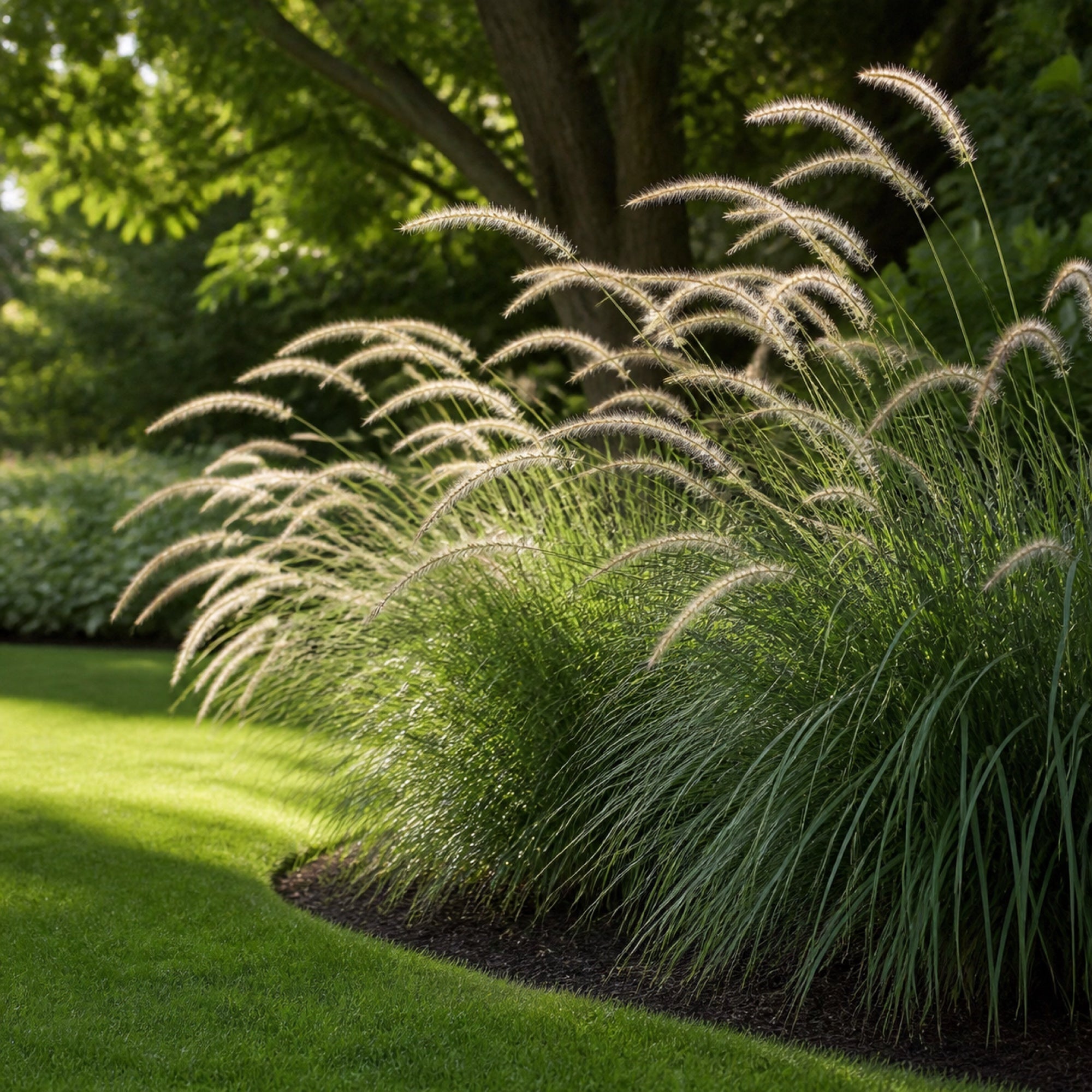 Pennisetum 'Fairy Tails' als lockere Reihe entlang einer Rasenkante unter Bäumen