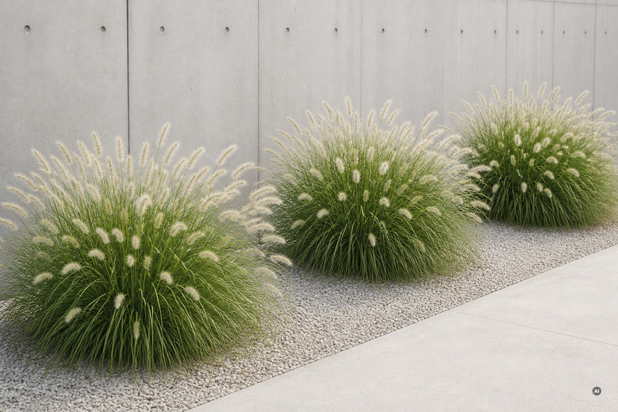 Drei Horste Lampenputzergras im Rhythmus vor Sichtbeton in einem minimalistischen Kiesgarten