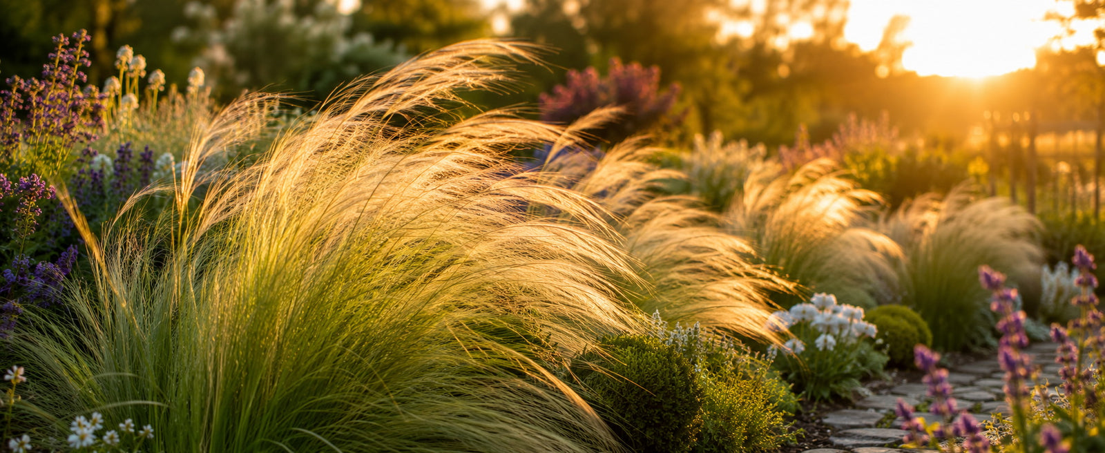 Federgras 'Pony Tails' im Gegenlicht, seidige Halme wehen im Wind, goldene Stunde
