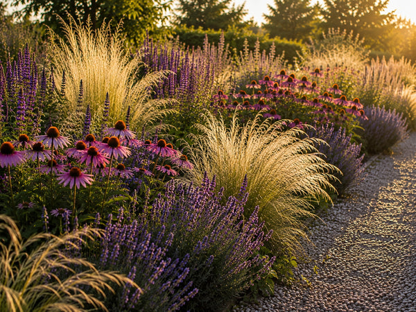 Federgras im Präriebeet mit Echinacea, Salvia und Lavendel