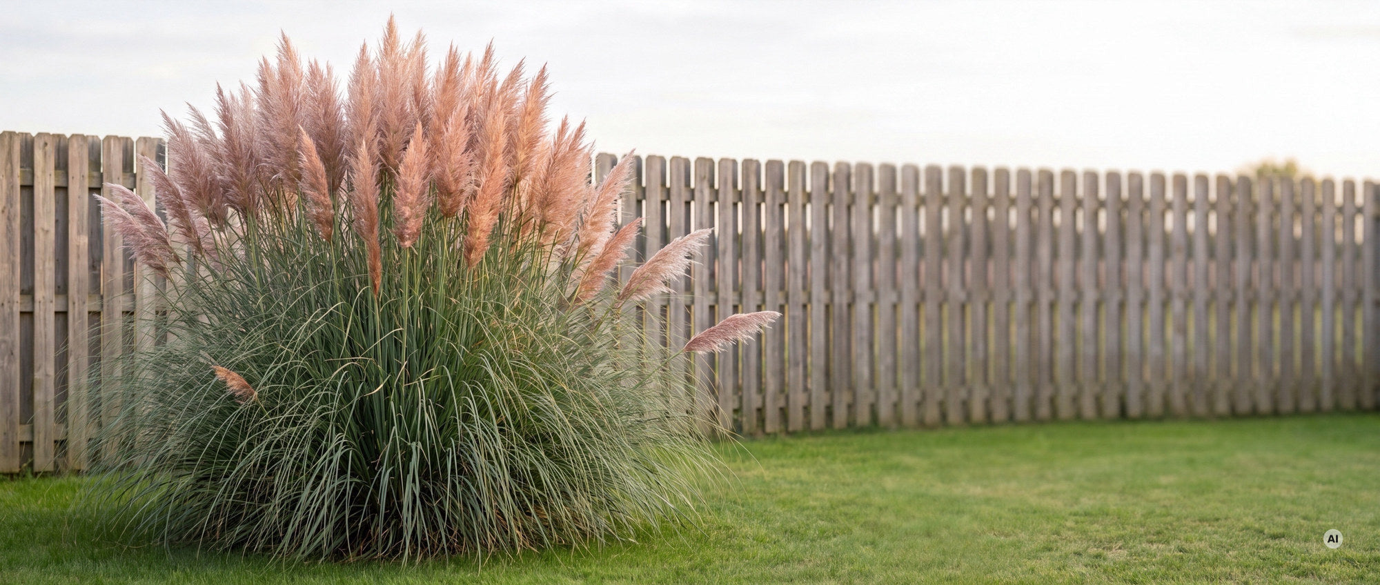 Rosa Pampasgras Cortaderia selloana 'Rosea' als Solitär im Rasen, zartrosa Federwedel deutlich über einem 1,50 m hohen Holzzaun