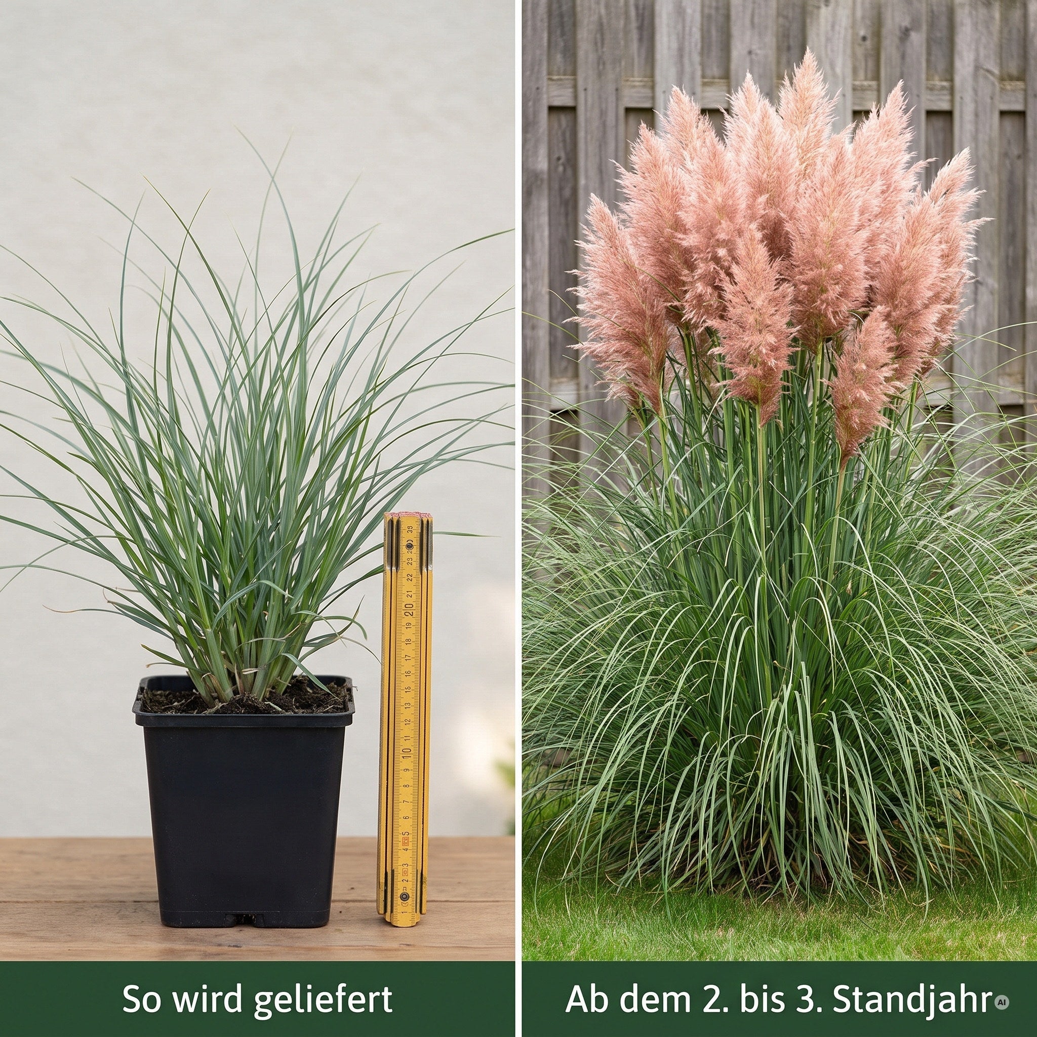 Links die Jungpflanze im 11 x 11 cm Topf mit Zollstock als Ma&szlig;stab, rechts der ausgewachsene Horst ab dem zweiten bis dritten Standjahr