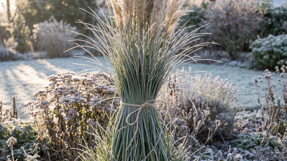 Cortaderia selloana 'Rosea' im Winter mit Raureif, das Laub locker zu einer Garbe zusammengebunden