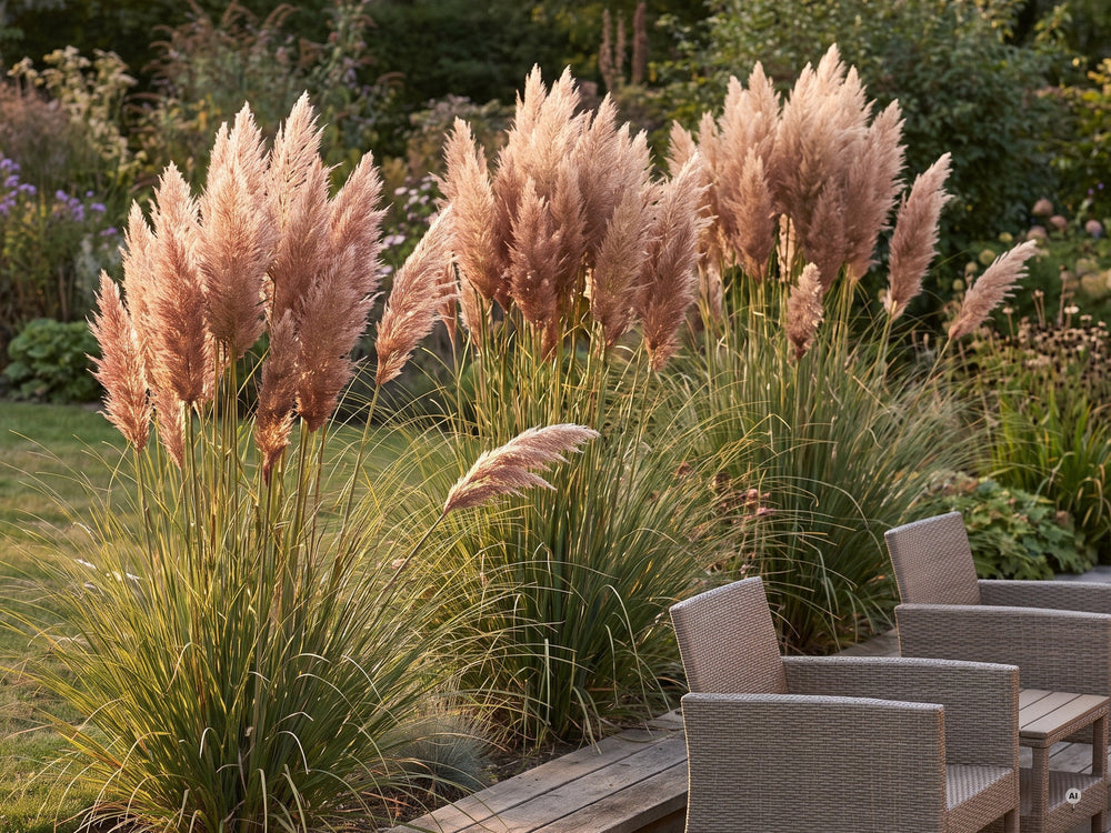 Drei Horste Cortaderia selloana 'Rosea' in Reihe an einer Holzterrasse als hoher Sichtschutz ab dem dritten Standjahr