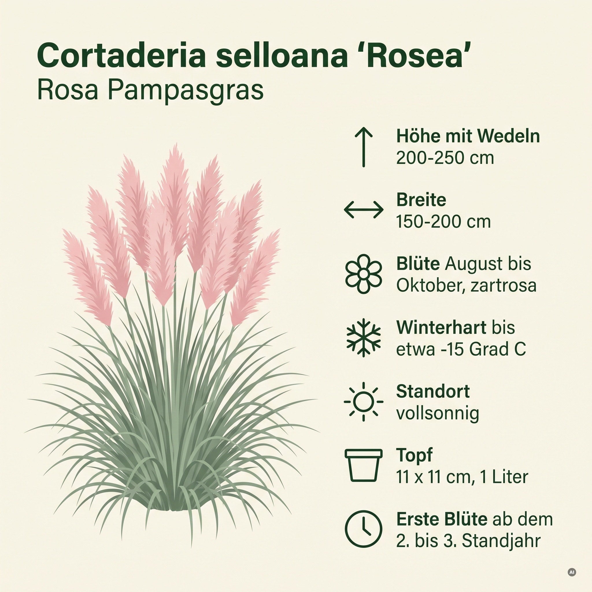 Steckbrief Cortaderia selloana 'Rosea': 200 bis 250 cm hoch, 150 bis 200 cm breit, Bl&uuml;te August bis Oktober zartrosa, winterhart bis etwa minus 15 Grad, vollsonnig, 11 x 11 cm Topf, erste Bl&uuml;te ab dem 2. bis 3. Standjahr