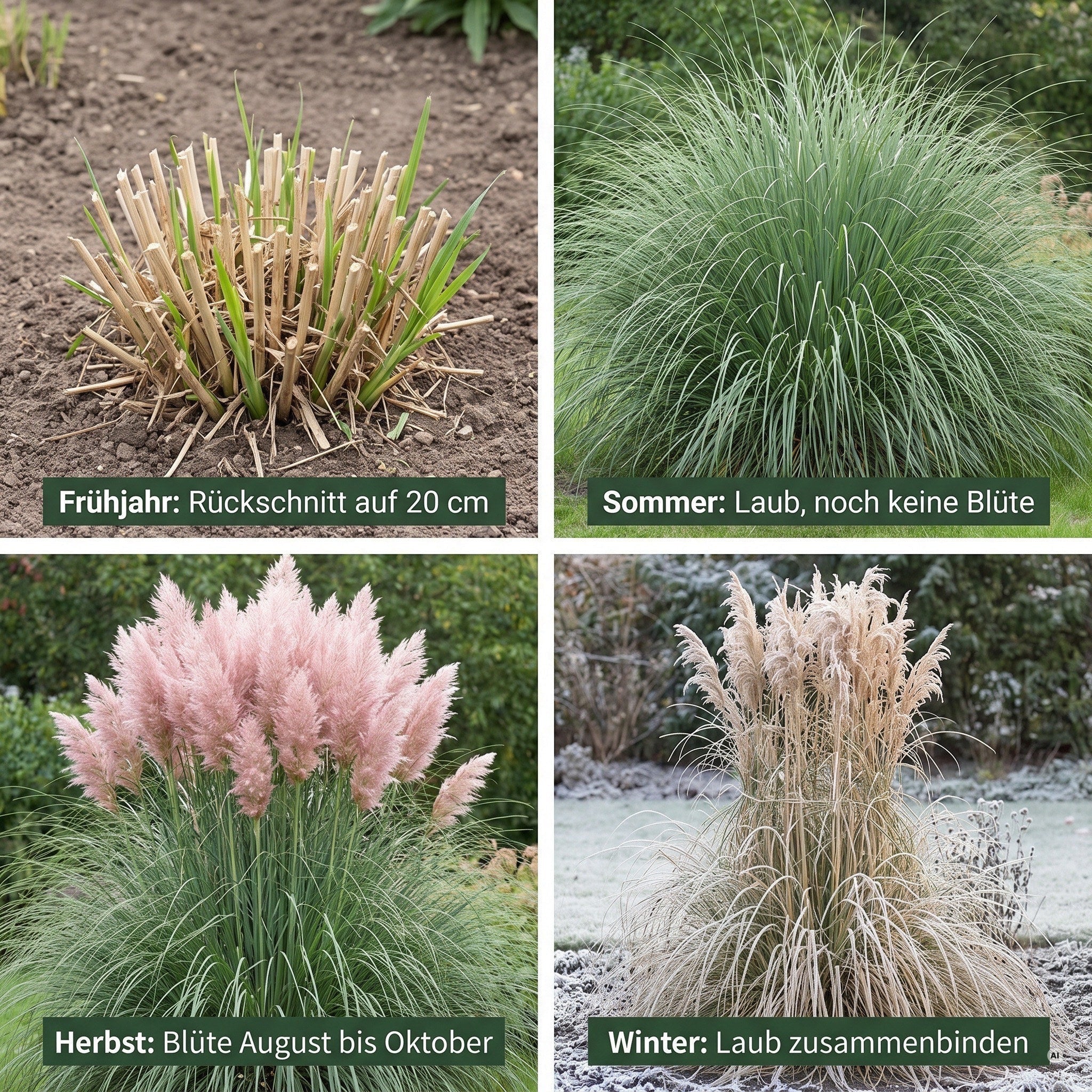 Cortaderia selloana 'Rosea' im Jahreslauf: R&uuml;ckschnitt im Fr&uuml;hjahr, Laub im Sommer, Bl&uuml;te im Herbst, zusammengebundenes Laub im Winter