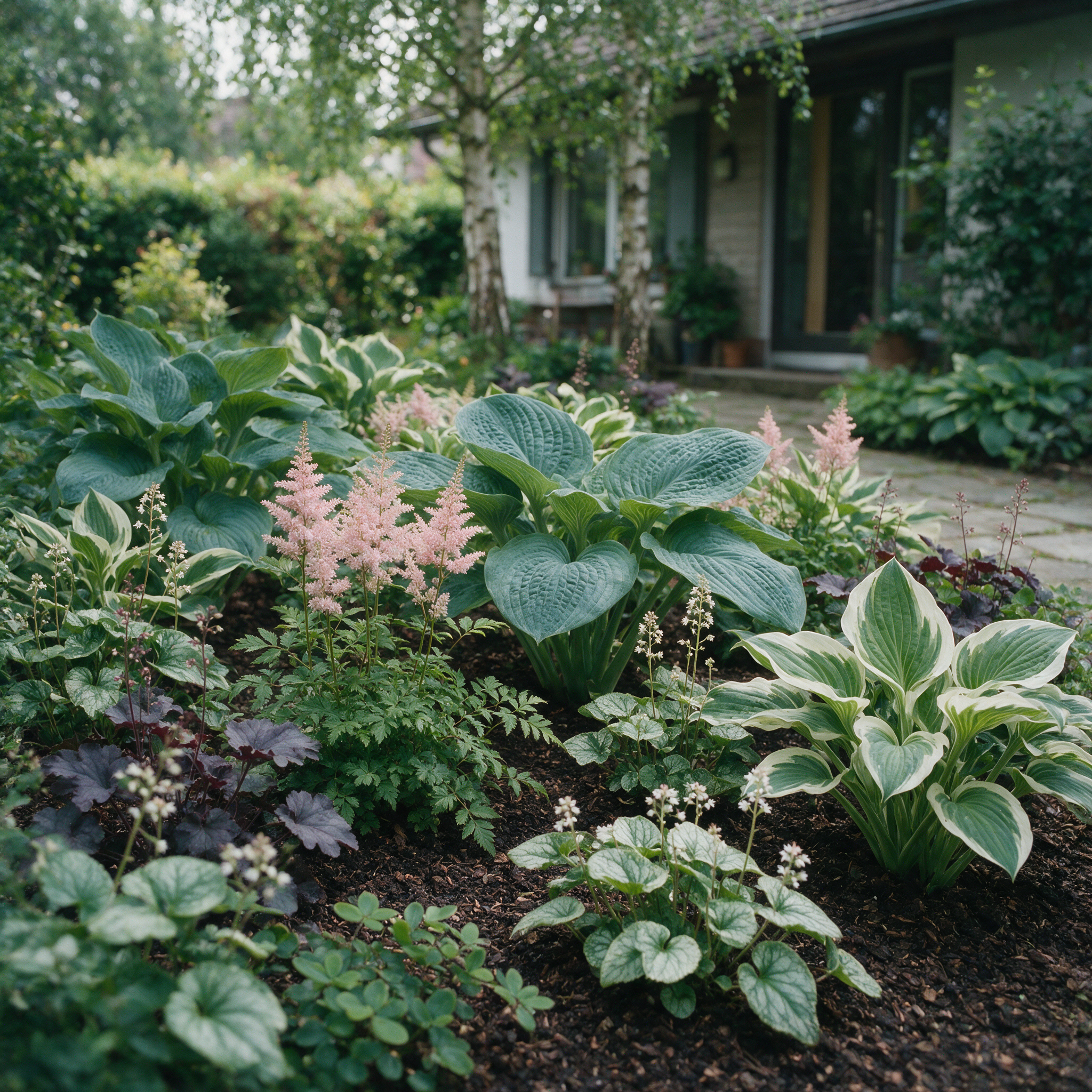 Schattenbeet-Set: Hosta, Astilbe, Heuchera, Tiarella, Brunnera und Epimedium in einem schattigen Gartenbeet