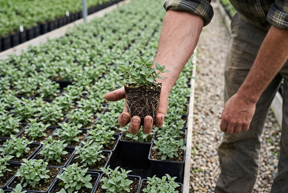 Gärtner hält eine ausgetopfte Jungpflanze mit durchwurzeltem Ballen in der Gartenbaukultur