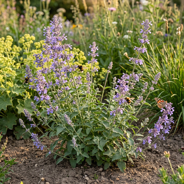 Katzenminze im Naturgarten neben Frauenmantel und Gräsern