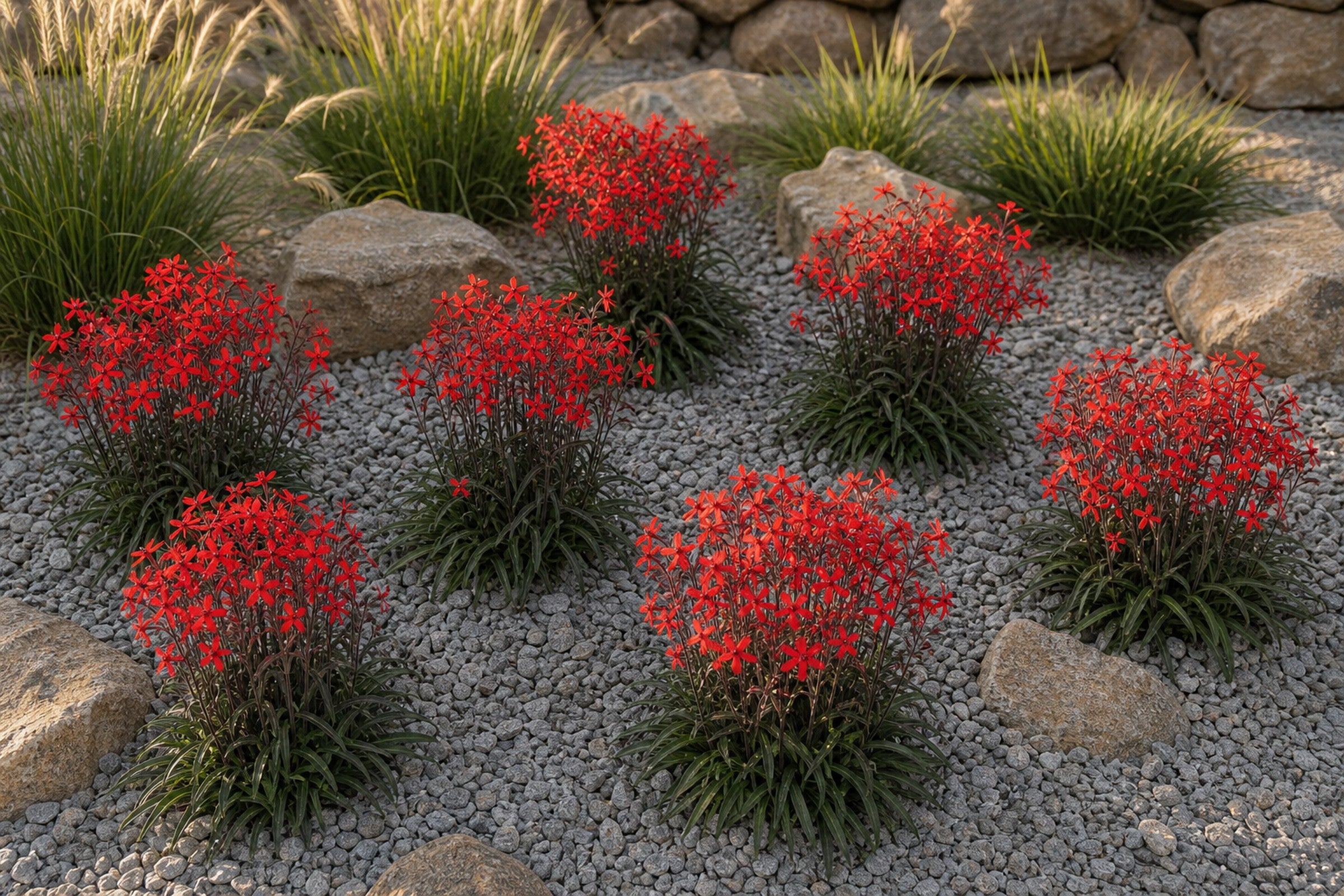 Gruppenpflanzung der Silene virginica ‚Burning Heart' Feuernelke mit scharlachroten Sternblüten im sonnigen Kiesbeet, von Stauden Gänge.
