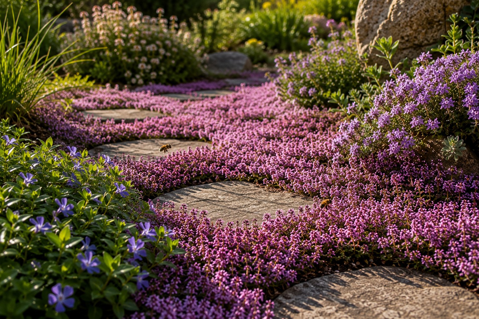 Blühender Polsterthymian als Bodendecker über Natursteinplatten, Rasenersatz