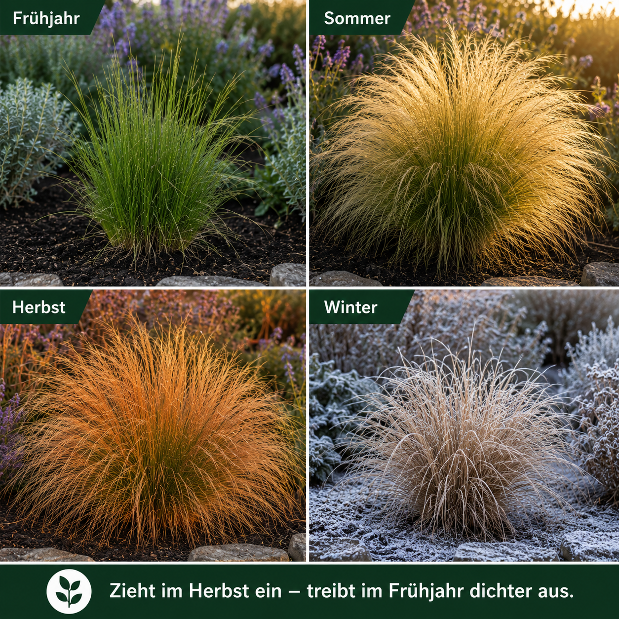 Stipa tenuissima 'Pony Tails' von Stauden Gänge im Jahresverlauf: Frühjahr, Sommer, Herbst und Winter.