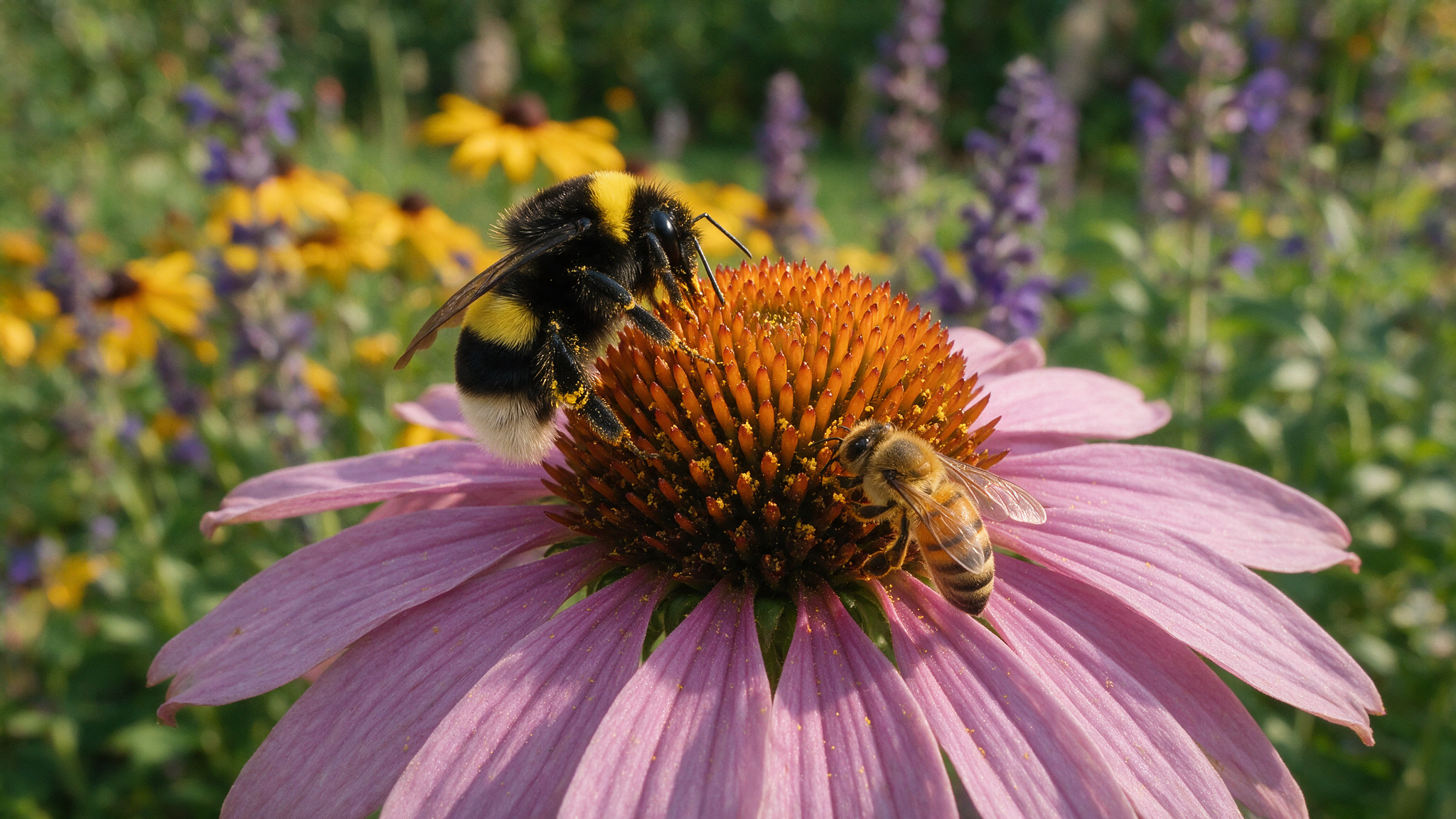Hummel und Honigbiene auf dem Sonnenhut im Bienenbeet