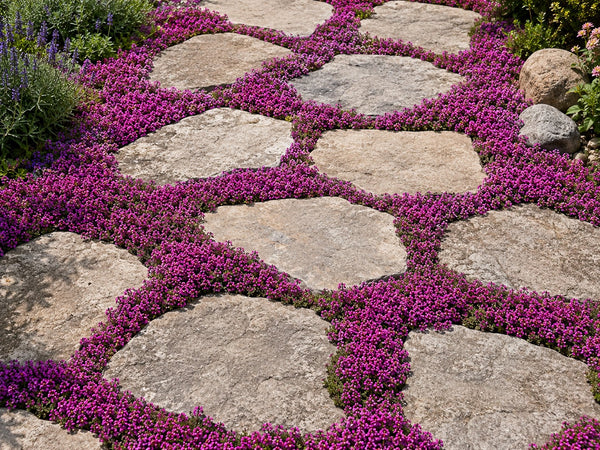 Teppich-Thymian 'Red Carpet' füllt die Fugen zwischen Trittsteinen im Gartenweg