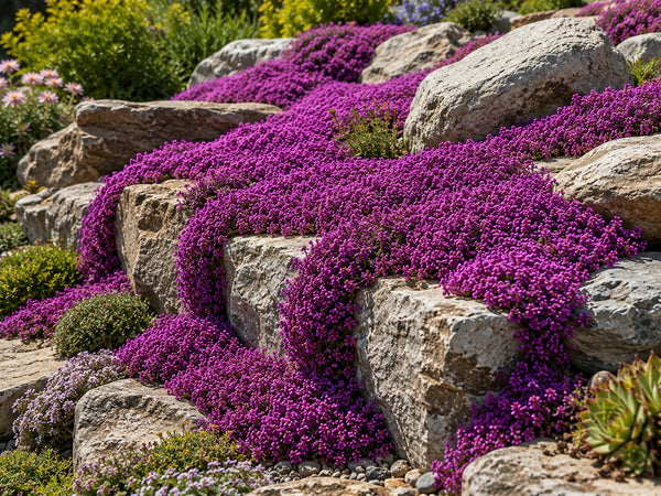 Teppich-Thymian 'Red Carpet' quillt im Steingarten über Felskanten