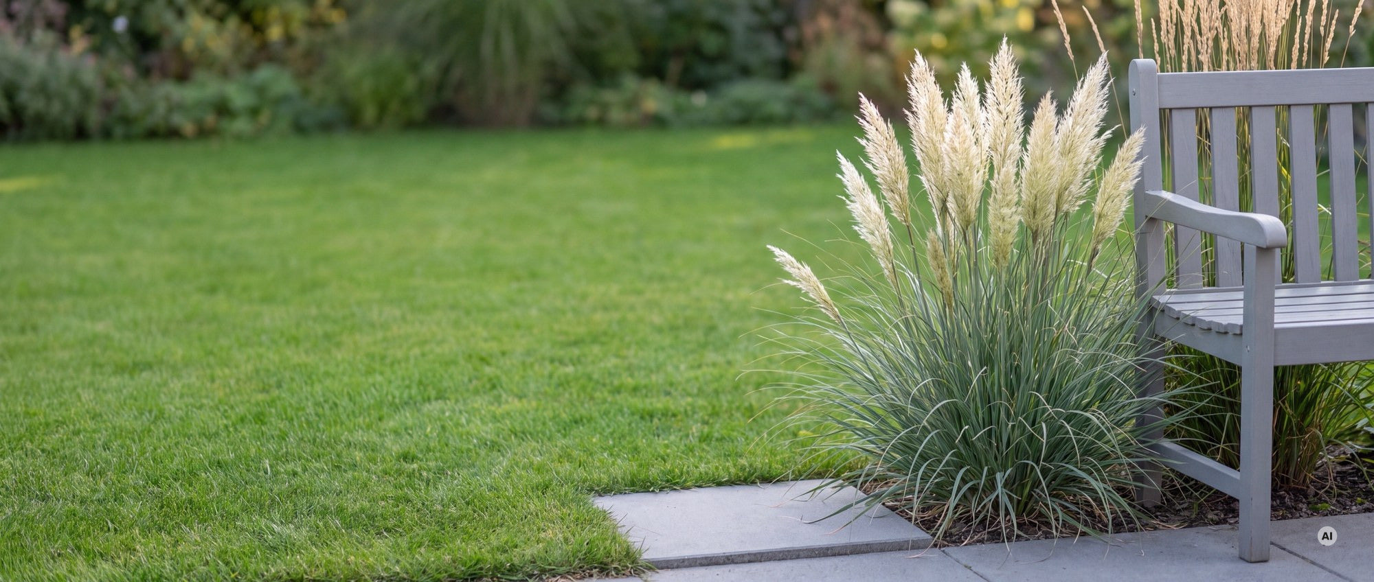 Cortaderia selloana 'Tiny Pampa' an einer Terrassenkante, cremeweiße Federwedel auf Höhe der Armlehne einer Gartenbank