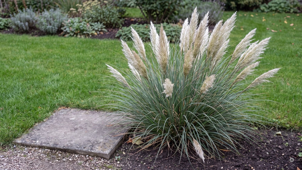 Ausgewachsener Horst 'Tiny Pampa' neben einer 40 cm breiten Gehwegplatte als Maßstab