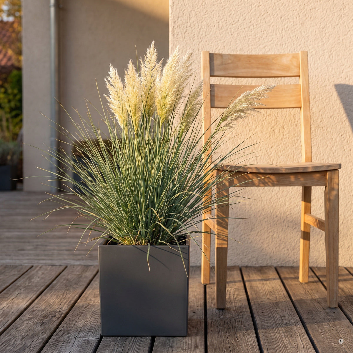 Zwerg-Pampasgras 'Tiny Pampa' in einem anthrazitfarbenen Kübel auf einer Holzterrasse neben einem Gartenstuhl, Stauden Gänge.