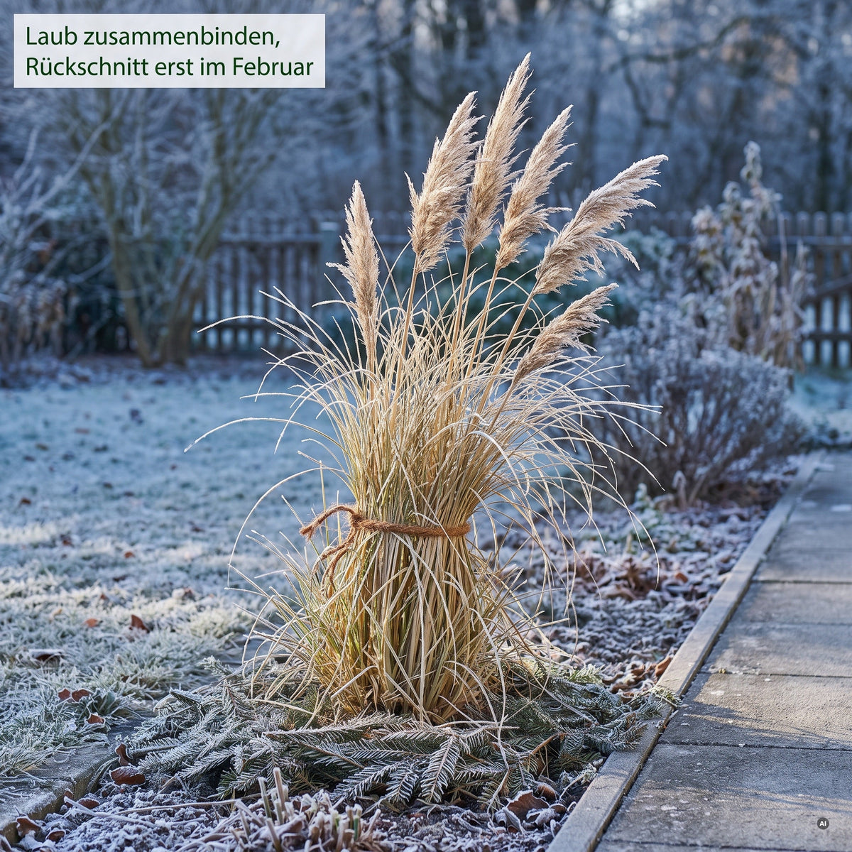 Cortaderia selloana 'Tiny Pampa' im Winter mit Raureif, Laub zusammengebunden, Stauden Gänge.